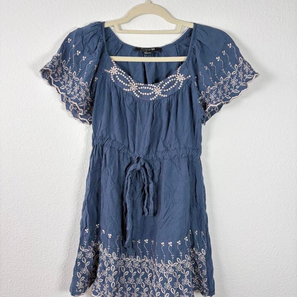 Forever 21 Y2K Babydoll Blue Floral Embroidered Mini Dress Women S Coquette Fem